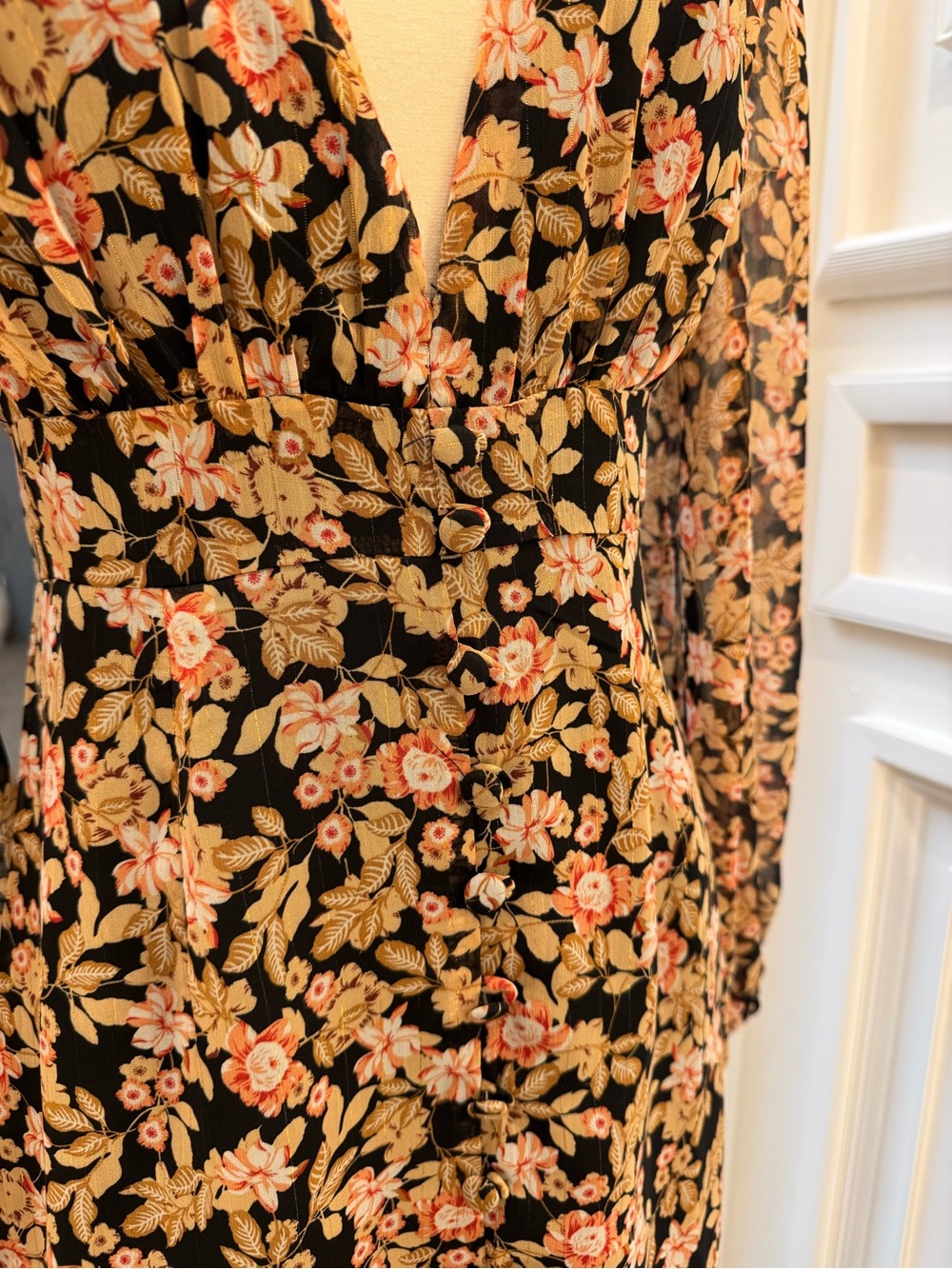 Nasty Gal Black Floral V-Neck Long Sleeve Mini Dress - Picture 2 of 4